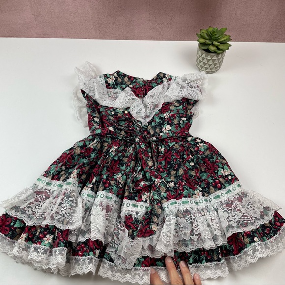 Little Princess Vintage Ruffle Floral Tulle Lace Red Green Black Dress Girl 4 - Picture 6 of 6